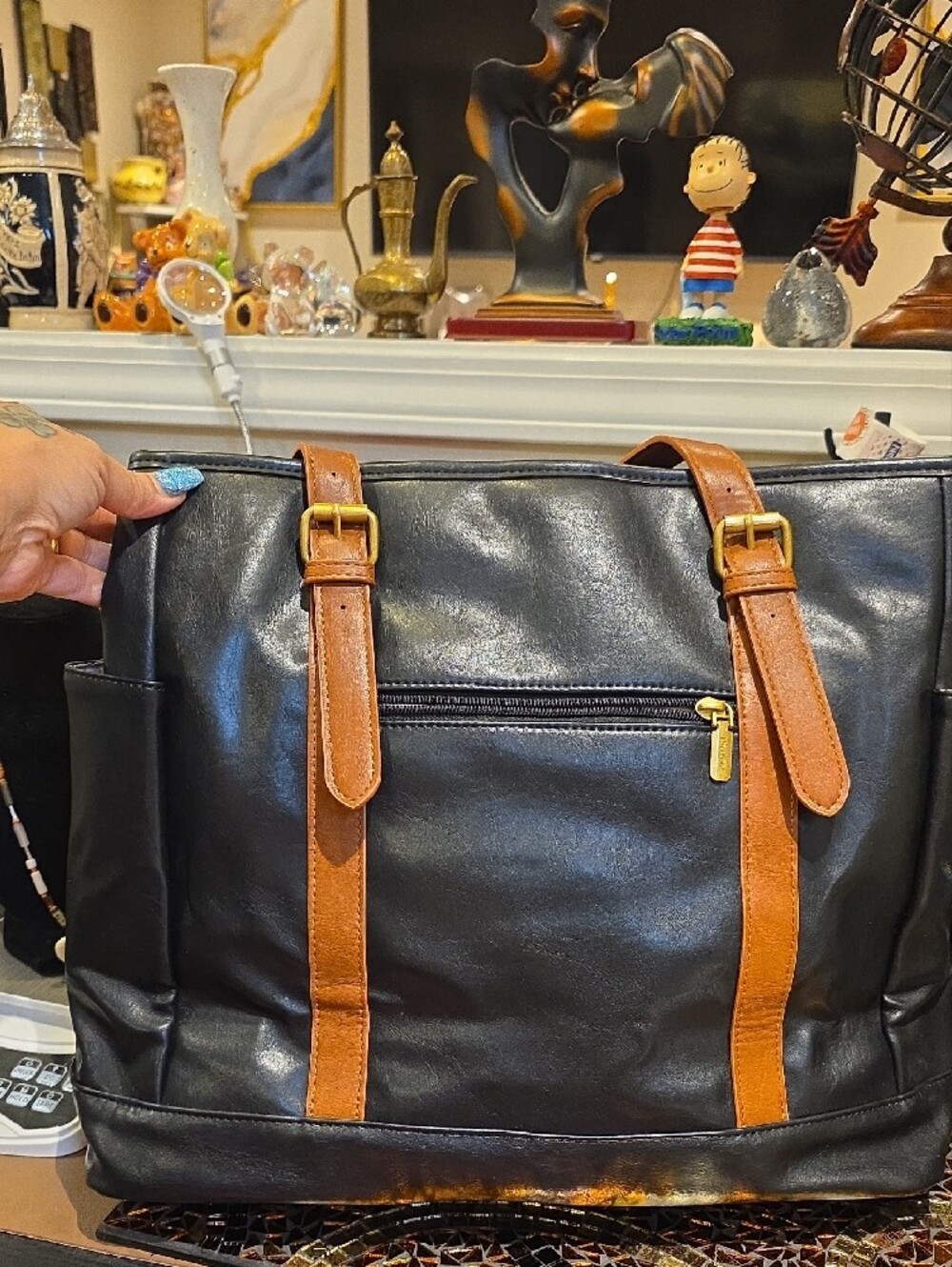 Spacious Black Tote with Tan Interior and Straps - Picture 3 of 8